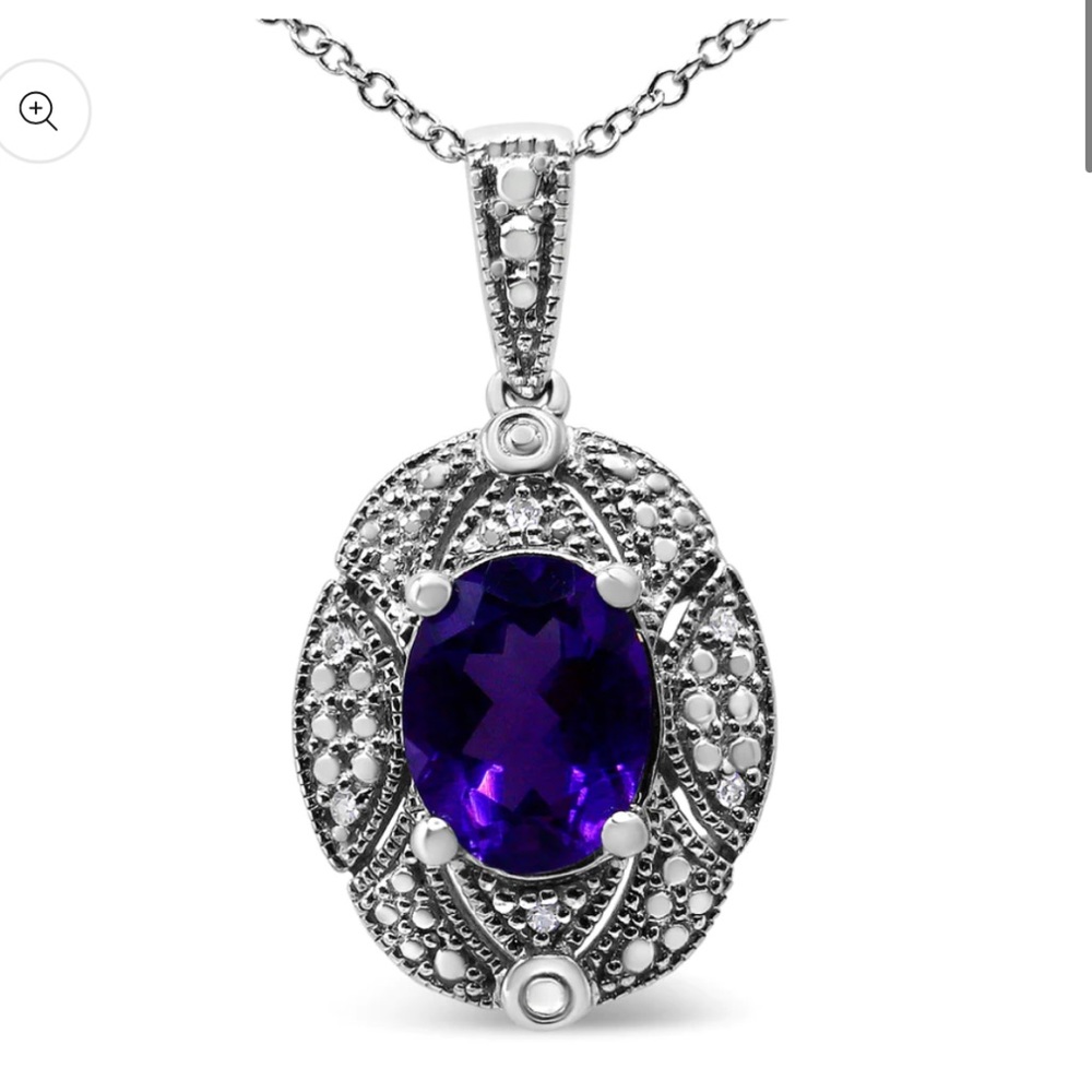 Haus of Brilliance .925 Silver Diamond Accent Oval Amethyst Pendant Necklace - Picture 2 of 5